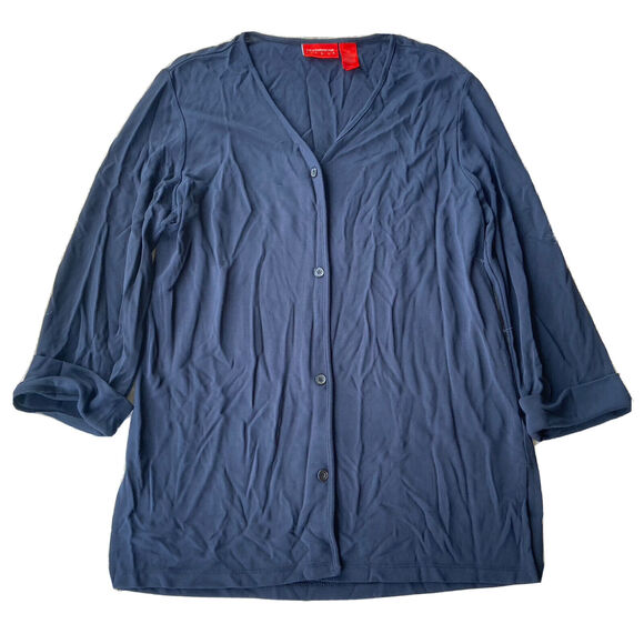 Liz Claiborne Blouse Sz M Button Front Top Blue Rolled Cuff Casual Relaxed Boho - Picture 1 of 8